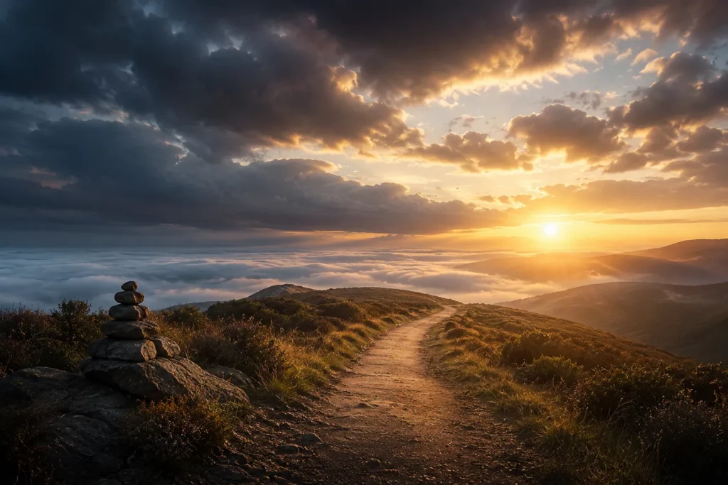 Porte monumentale ouverte sur un paysage baigné de lumière au lever du soleil.