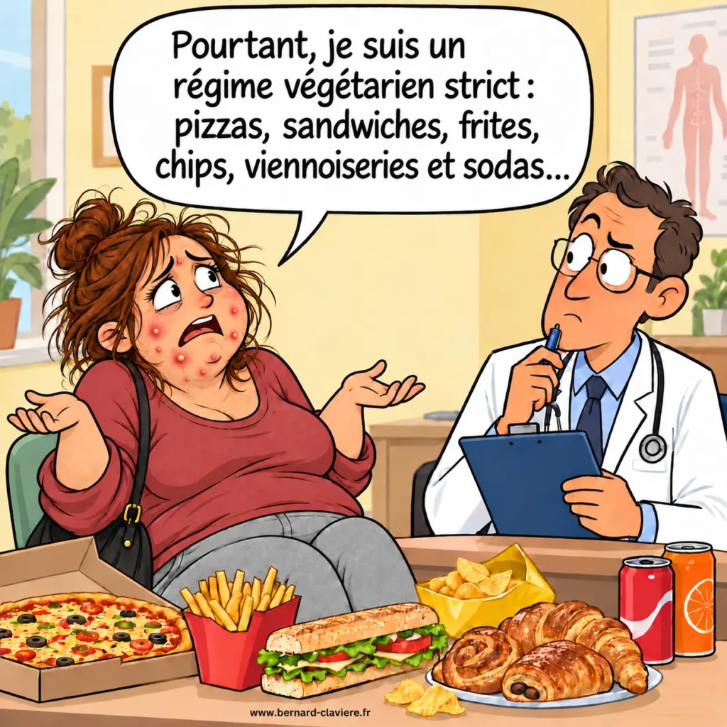 Dessin humoristique d’une patiente affirmant suivre un régime végétarien strict composé de pizzas, sandwiches, frites, chips, viennoiseries et sodas.