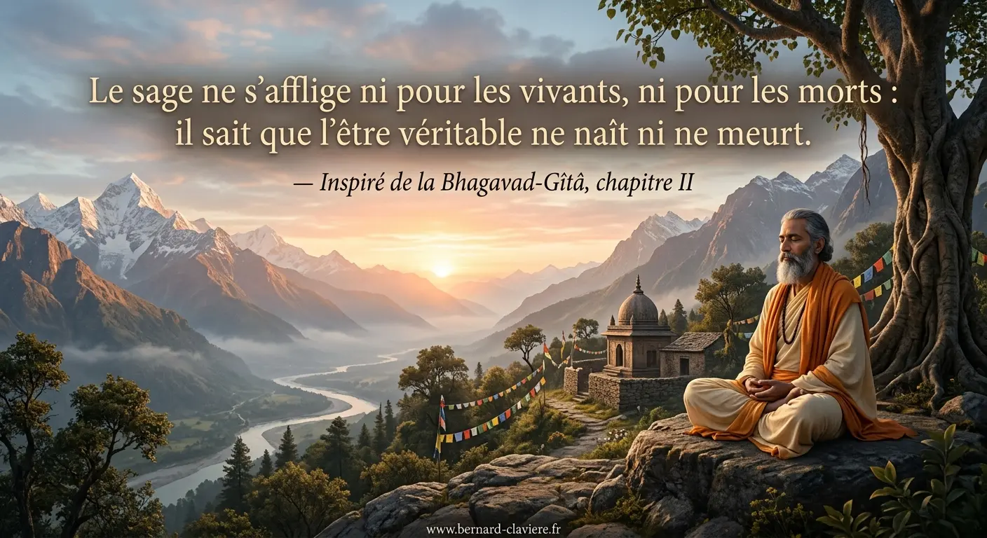Citation inspirée de la Bhagavad-Gîtâ sur l’immortalité de l’être véritable, sur fond de paysage spirituel au lever du soleil.