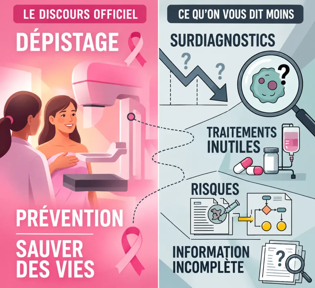 Infographie comparant les promesses du dépistage du cancer du sein aux risques de surdiagnostic, de traitements inutiles et d'information incomplète.