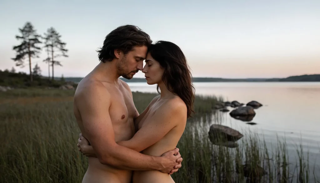 Couple nu tendrement enlacé au bord d'un lac, illustrant l'harmonie entre sexualité et spiritualité.